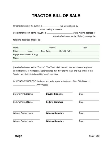 Tractor Bill Of Sale Printable